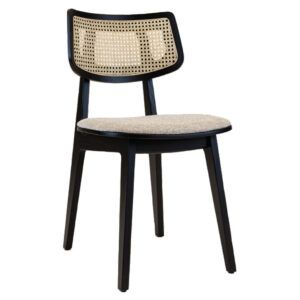 Upholstered Pelle Side Chair with a black wooden frame, woven back, and neutral fabric seat.