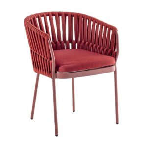 Front view of a Soho armchair. Metal frame with woven acrylic rope back and upholstered seat pad, all in factory fabrics.