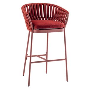 Front view of the Soho armchair. It has a metal frame, woven acrylic rope back, and upholstered seat pad in red.