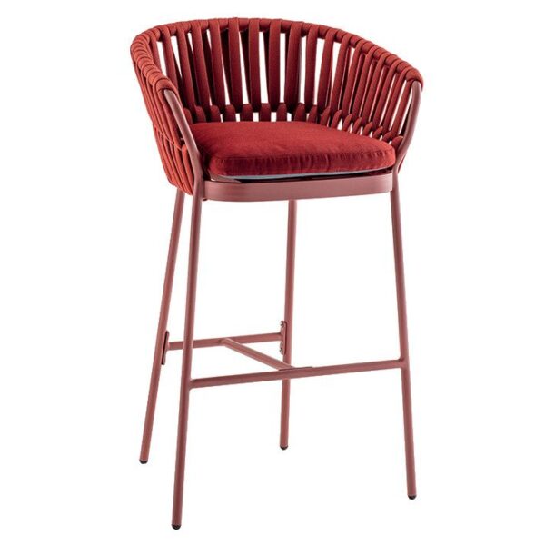 Front view of the Soho armchair. It has a metal frame, woven acrylic rope back, and upholstered seat pad in red.