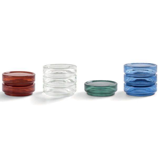 Stack coffee table, stackable glass tables in brown, clear, green, and blue.