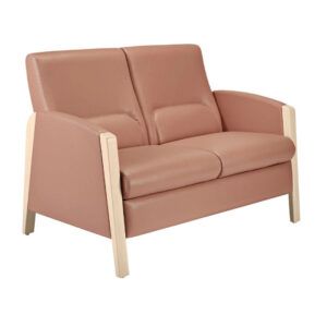Two-seater Fedra sofa with light wood frame and light pink upholstered seat and back.