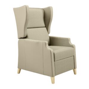 Front view of a Janelle high back lounge chair in beige upholstery with light wood legs.