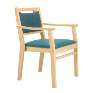 Wooden frame Lissa armchair with upholstered teal seat and back.