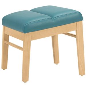 Angled view of a Lissa pouf. Light wood frame and teal upholstered seat. Traditional foot stool.