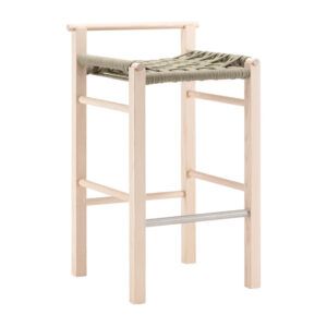 Front view of the Penelope barstool. Woven rope seat and wooden frame.