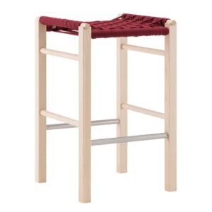 Penelope high stool with a light wood frame and woven rope seat in red. Footrest in silver.