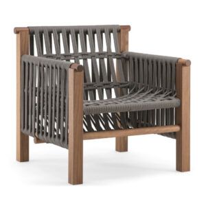 Front view of a Penelope Lounge Chair. Wood frame with woven rope seat, back and armrests.