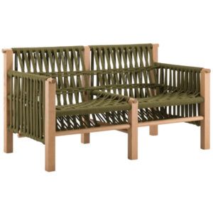 Front view of the Penelope Sofa. Wood frame with woven green rope seat and back. Outdoor furniture.