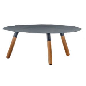 Alicante Lounge Chair: Round gray table with three light brown wooden legs.