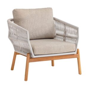 Beige Alicante lounge chair with woven rope detail and wooden frame. Seat and back cushions upholstered in factory fabrics.