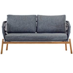 Front view of the Alicante lounge chair. It features a wooden frame, woven rope detail, and gray upholstered seat and back cushions.
