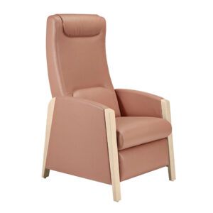 Upholstered Fedra High Back Lounge Chair with wooden frame, shown in light pink leather.