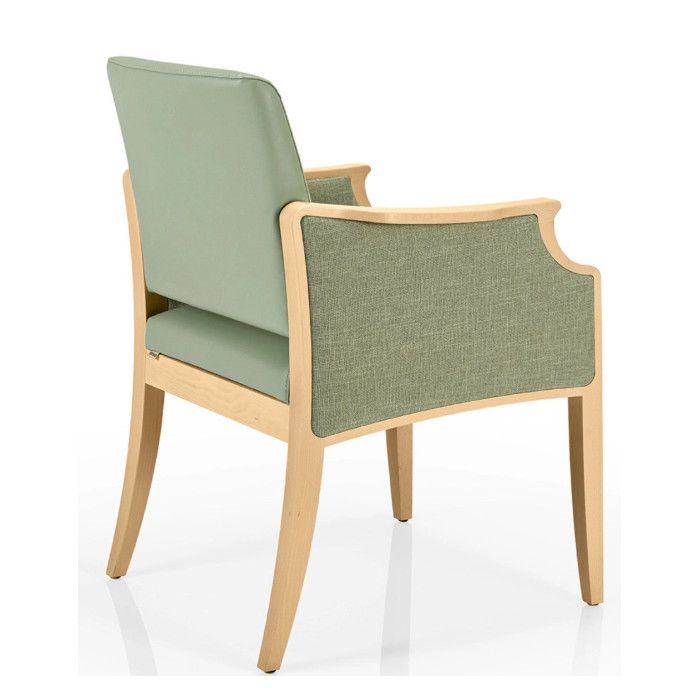 Rear view of a Janelle armchair. Light wood frame with green upholstered seat, back and armrests.