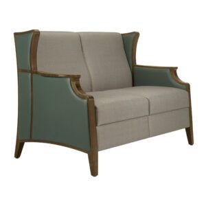 Angled view of the Janelle Deluxe 2 Seater Sofa. Features a wooden frame, green leather accents, and a light gray upholstered seat and back.
