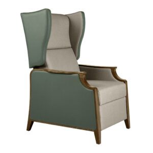 Janelle Deluxe High Back Lounge Chair with a wooden frame and upholstered in green and beige fabric.