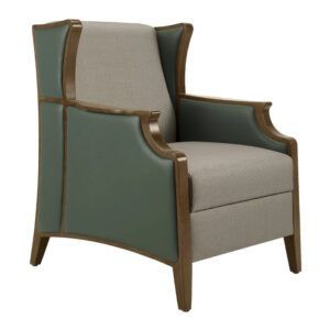 Angled view of the Janelle Deluxe Lounge Chair. Wood frame, upholstered in gray fabric and green leather.