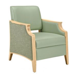 Upholstered Janelle lounge chair in light green with wooden frame and legs.