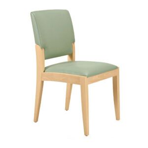 Profile view of the Janelle Side Chair. Light wood frame with light green upholstered seat and back.
