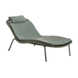 Angled view of a Leaf sunbed. Metal frame with woven rope detail and upholstered gray cushion. Suitable for outdoor use.