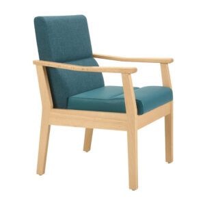 Angled view of a Lissa lounge chair. Wood frame with teal upholstered seat and back.