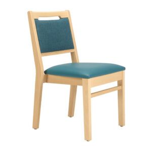 Front view of a Lissa Side Chair. The chair has a wooden frame and upholstered seat and back in blue.