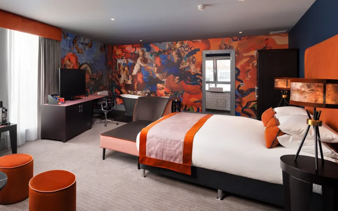 Malmaison Aberdeen Junior Suite: Stylish hotel bedroom with bed, desk, and artistic mural.