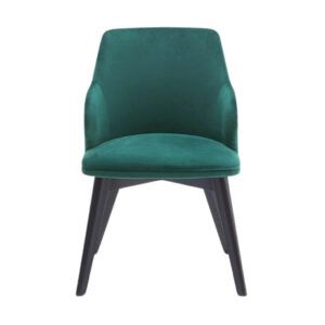 Front view of a green upholstered Marie Armchair with a dark wooden frame.