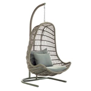 Wicker Leaf Swing Chair with metal frame, woven rope detail, and upholstered seat and back cushions in gray. Suitable for outdoor use.