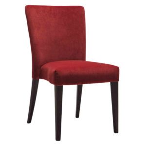 Angled view of a Noblesse Side Chair. The seat and back are upholstered in red fabric, with dark wooden legs.