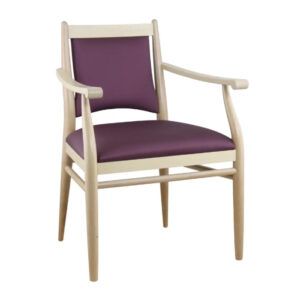 Front view of an Olympia armchair. Wooden frame with upholstered seat and back in purple fabric.