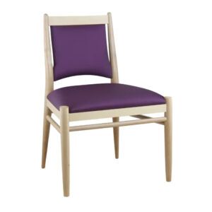 Front view of the Olympia side chair. Wood frame with purple upholstered seat and back.