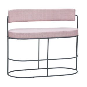 Front view of the Paradiso Sofa, featuring a metal frame and upholstered seat and back in a pink factory fabric. Suitable for outdoor use.