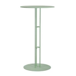 Mint green metal outdoor bar table with round top and base.