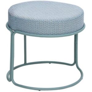Upholstered Paradiso sofa, round seat, metal frame in light blue. Outdoor furniture.