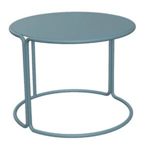 Round side table in blue. Metal frame with round top and base. Outdoor furniture.