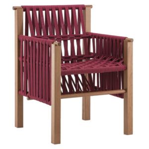 Front view of the Penelope Armchair. Wooden frame with woven red rope seat and back. Outdoor furniture.
