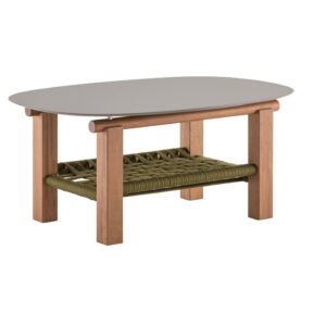 Penelope coffee table with gray laminate top, wooden frame, and woven rope shelf. Outdoor furniture.