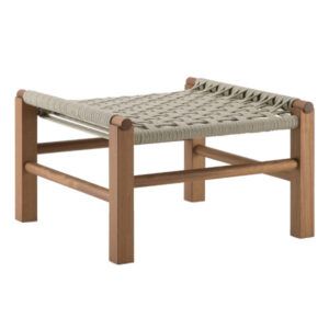 Front view of Penelope Pouf. Wood frame with woven rope seat. Outdoor furniture.