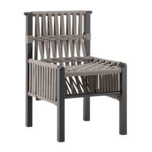 Front view of Penelope Side Chair. A wooden frame with woven rope seat and back.