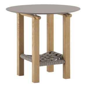 Penelope side table with a gray laminate top, light wooden frame, and woven rope detail.