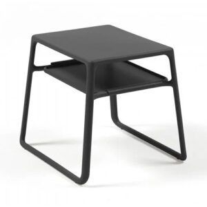 Black Pop side table with a polypropylene frame. Features a shelf and is suitable for outdoor use.