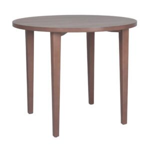 Front view of a brown Tess Round Dining Table with a laminate top and wooden frame.