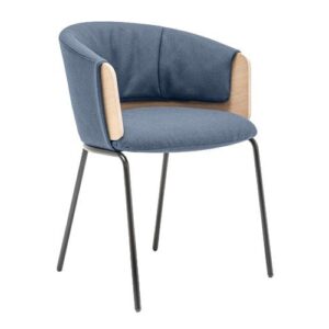 Angled view of a Collar Side Chair. Blue upholstered seat and back with light wood armrests and black metal legs.