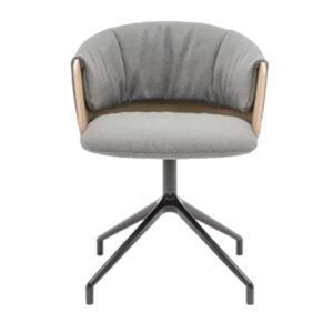 Upholstered chair with a grey seat and back, wood armrests, and a black, four-legged base.
