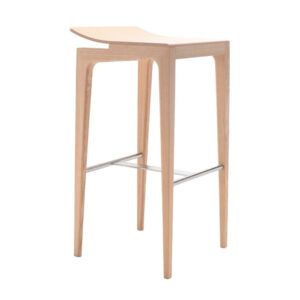 Front view of a light wood Derby Barstool with a silver metal footrest.