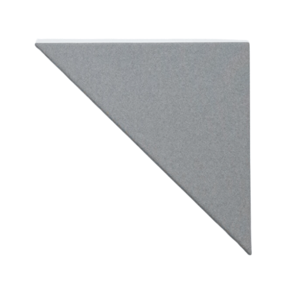 Angled view of a gray, triangular Misty Wall Acoustic panel, showcasing its fabric upholstery and sound absorption qualities.