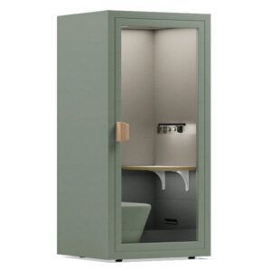 Green Victoria Phone Booth with glass door, wooden handle, shelf, and seat.