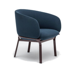Stylish Grace Armchair in dark blue upholstered fabric with a metal frame. Ideal seating for office lounge and reception areas.