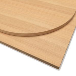 Close-up of a round and square Nebraska oak Laminate Ash Table Top with a 25mm thick edge.